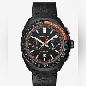 BULOVA Racer Chronograph Mens  Watch  Black Leather Strap and Orange Accents